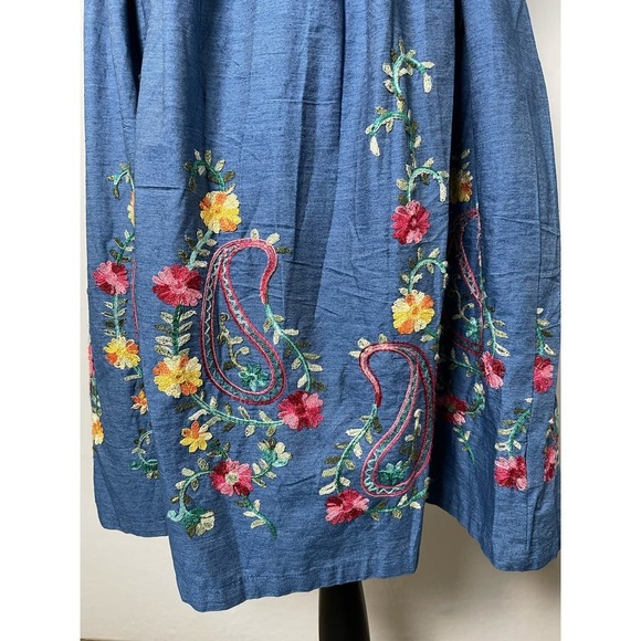Demin Embroidered Elastic Waist and Straps Floral Indie Boho Dress Women's M/L - Picture 6 of 12